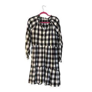Beachlunchlounge Plaid Ruffle Hem Long Sleeve Dress in Retro M Black White